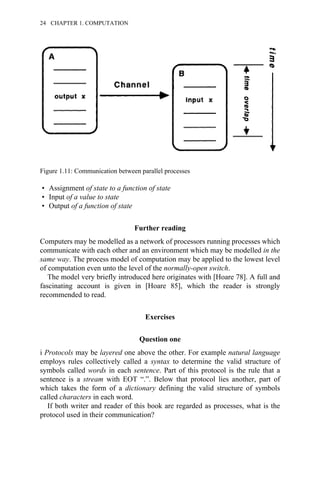 • Assignment of state to a function of state
• Input of a value to state
• Output of a function of state
Further reading
Computers may be modelled as a network of processors running processes which
communicate with each other and an environment which may be modelled in the
same way. The process model of computation may be applied to the lowest level
of computation even unto the level of the normally-open switch.
The model very briefly introduced here originates with [Hoare 78]. A full and
fascinating account is given in [Hoare 85], which the reader is strongly
recommended to read.
Exercises
Question one
i Protocols may be layered one above the other. For example natural language
employs rules collectively called a syntax to determine the valid structure of
symbols called words in each sentence. Part of this protocol is the rule that a
sentence is a stream with EOT “.”. Below that protocol lies another, part of
which takes the form of a dictionary defining the valid structure of symbols
called characters in each word.
If both writer and reader of this book are regarded as processes, what is the
protocol used in their communication?
Figure 1.11: Communication between parallel processes
24 CHAPTER 1. COMPUTATION
 