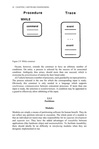 Occam, however, extends the construct to have an arbitrary number of
conditions. On entry, a process is selected by the success of its associated
condition. Ambiguity thus arises, should more than one succeed, which is
overcome by prioritization of entries by their listed order.
ALT selects between a number of processes, each guarded by an input primitive.
The process selected is the one for which the corresponding input is ready.
Obviously this construct is only needed in a language which supports
synchronous communication between concurrent processes. If more than one
input is ready, the selection is nondeterminate. A condition may be appended to
a guard to effectively allow inhibiting of the input.
2.3.3
Partitions
Modules
Modules are simply a means of partitioning software for human benefit. They do
not reflect any partition relevant to execution. The whole point of a module is
that an individual (or team) may take responsibility for its separate development
and separate test. They have the added advantages of reusability between
applications (like hardware chips) and maintainability. To facilitate reusability,
there should ideally be no difficulty in interfacing modules when they are
designed, implemented or run.
Figure 2.9: While construct
42 CHAPTER 2. SOFTWARE ENGINEERING
 