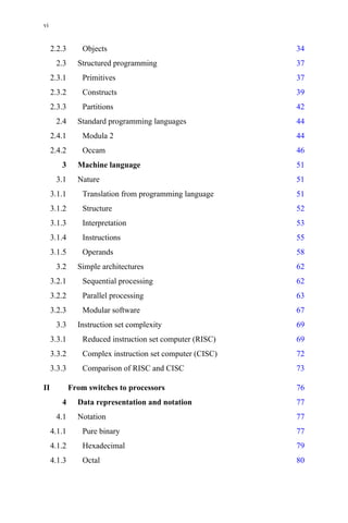 2.2.3 Objects 34
2.3 Structured programming 37
2.3.1 Primitives 37
2.3.2 Constructs 39
2.3.3 Partitions 42
2.4 Standard programming languages 44
2.4.1 Modula 2 44
2.4.2 Occam 46
3 Machine language 51
3.1 Nature 51
3.1.1 Translation from programming language 51
3.1.2 Structure 52
3.1.3 Interpretation 53
3.1.4 Instructions 55
3.1.5 Operands 58
3.2 Simple architectures 62
3.2.1 Sequential processing 62
3.2.2 Parallel processing 63
3.2.3 Modular software 67
3.3 Instruction set complexity 69
3.3.1 Reduced instruction set computer (RISC) 69
3.3.2 Complex instruction set computer (CISC) 72
3.3.3 Comparison of RISC and CISC 73
II From switches to processors 76
4 Data representation and notation 77
4.1 Notation 77
4.1.1 Pure binary 77
4.1.2 Hexadecimal 79
4.1.3 Octal 80
vi
 