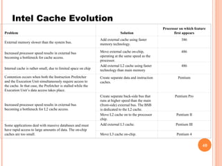 40
Intel Cache Evolution
Problem Solution
Processor on which feature
first appears
External memory slower than the system bus.
Add external cache using faster
memory technology.
386
Increased processor speed results in external bus
becoming a bottleneck for cache access.
Move external cache on-chip,
operating at the same speed as the
processor.
486
Internal cache is rather small, due to limited space on chip
Add external L2 cache using faster
technology than main memory
486
Contention occurs when both the Instruction Prefetcher
and the Execution Unit simultaneously require access to
the cache. In that case, the Prefetcher is stalled while the
Execution Unit’s data access takes place.
Create separate data and instruction
caches.
Pentium
Increased processor speed results in external bus
becoming a bottleneck for L2 cache access.
Create separate back-side bus that
runs at higher speed than the main
(front-side) external bus. The BSB
is dedicated to the L2 cache.
Pentium Pro
Move L2 cache on to the processor
chip.
Pentium II
Some applications deal with massive databases and must
have rapid access to large amounts of data. The on-chip
caches are too small.
Add external L3 cache. Pentium III
Move L3 cache on-chip. Pentium 4
 