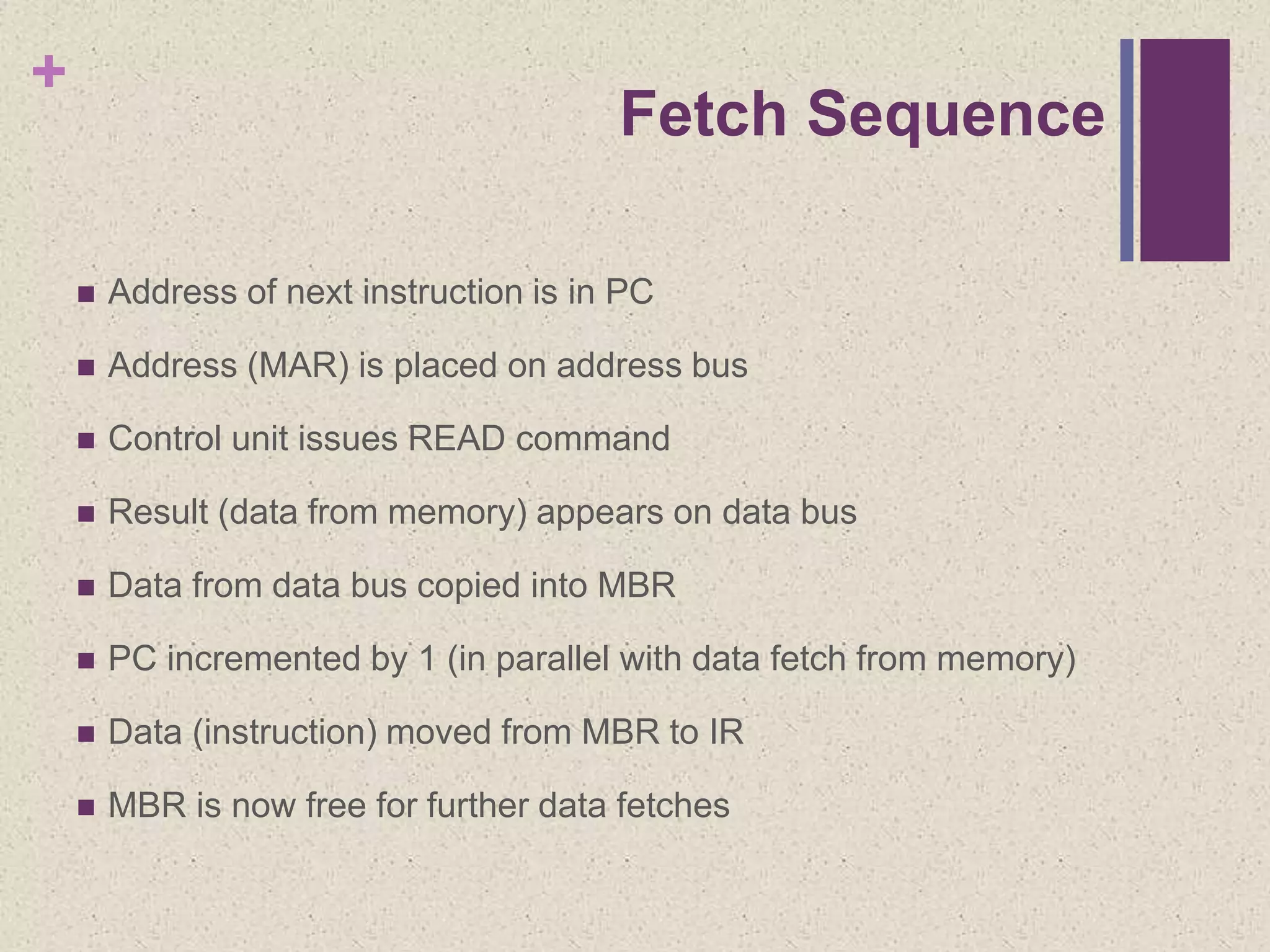 +
Fetch Sequence
 Address of next instruction is in PC
 Address (MAR) is placed on address bus
 Control unit issues READ command
 Result (data from memory) appears on data bus
 Data from data bus copied into MBR
 PC incremented by 1 (in parallel with data fetch from memory)
 Data (instruction) moved from MBR to IR
 MBR is now free for further data fetches
 