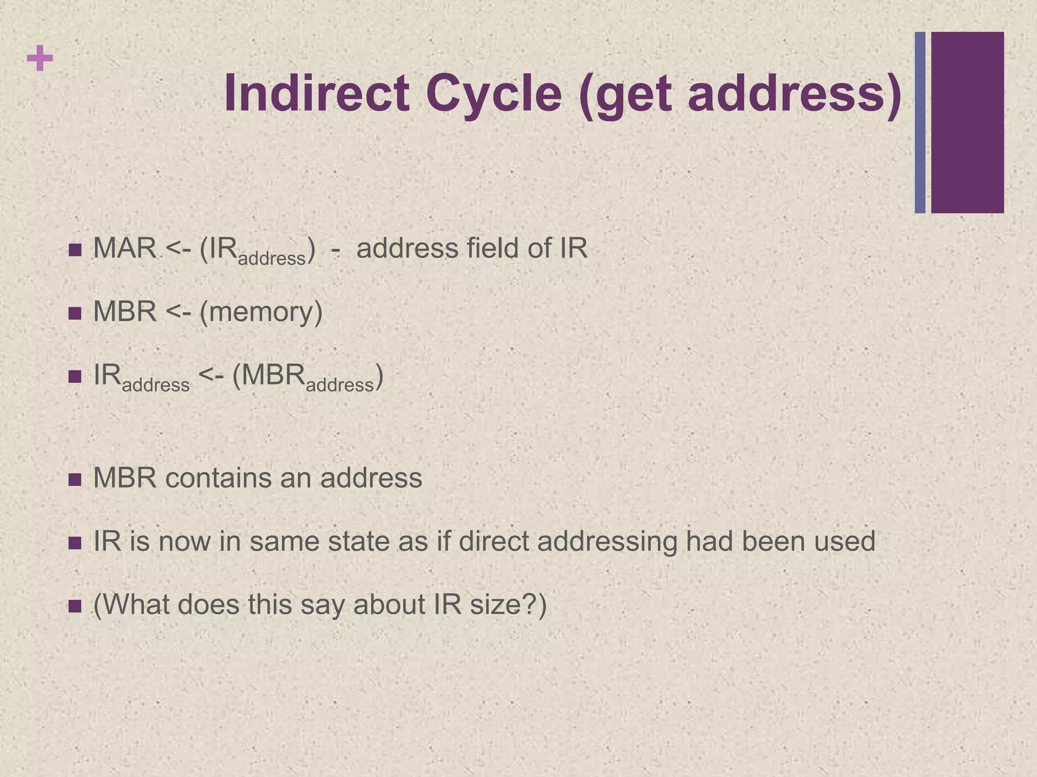 +
Indirect Cycle (get address)
 MAR <- (IRaddress) - address field of IR
 MBR <- (memory)
 IRaddress <- (MBRaddress)
 MBR contains an address
 IR is now in same state as if direct addressing had been used
 (What does this say about IR size?)
 