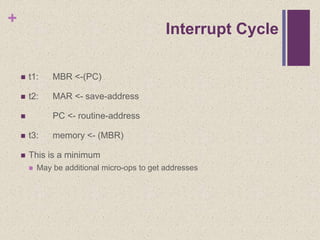 +
Interrupt Cycle
 t1: MBR <-(PC)
 t2: MAR <- save-address
 PC <- routine-address
 t3: memory <- (MBR)
 This is a minimum
 May be additional micro-ops to get addresses
 