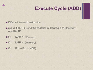 +
Execute Cycle (ADD)
 Different for each instruction
 e.g. ADD R1,X - add the contents of location X to Register 1 ,
result in R1
 t1: MAR <- (IRaddress)
 t2: MBR <- (memory)
 t3: R1 <- R1 + (MBR)
 
