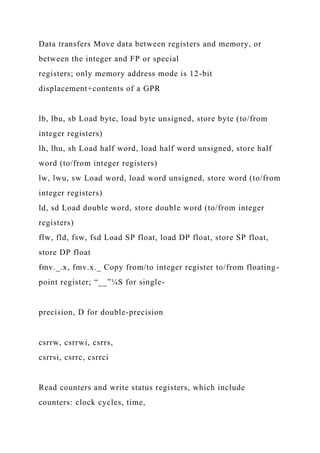 Data transfers Move data between registers and memory, or
between the integer and FP or special
registers; only memory address mode is 12-bit
displacement+contents of a GPR
lb, lbu, sb Load byte, load byte unsigned, store byte (to/from
integer registers)
lh, lhu, sh Load half word, load half word unsigned, store half
word (to/from integer registers)
lw, lwu, sw Load word, load word unsigned, store word (to/from
integer registers)
ld, sd Load double word, store double word (to/from integer
registers)
flw, fld, fsw, fsd Load SP float, load DP float, store SP float,
store DP float
fmv._.x, fmv.x._ Copy from/to integer register to/from floating-
point register; “__”¼S for single-
precision, D for double-precision
csrrw, csrrwi, csrrs,
csrrsi, csrrc, csrrci
Read counters and write status registers, which include
counters: clock cycles, time,
 