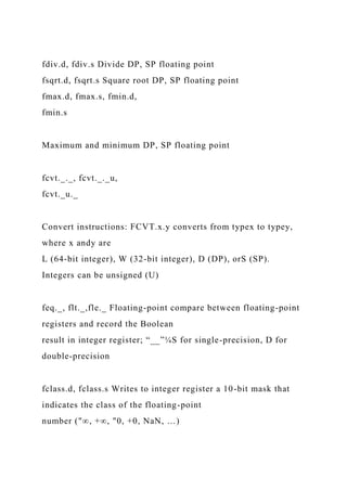 fdiv.d, fdiv.s Divide DP, SP floating point
fsqrt.d, fsqrt.s Square root DP, SP floating point
fmax.d, fmax.s, fmin.d,
fmin.s
Maximum and minimum DP, SP floating point
fcvt._._, fcvt._._u,
fcvt._u._
Convert instructions: FCVT.x.y converts from typex to typey,
where x andy are
L (64-bit integer), W (32-bit integer), D (DP), orS (SP).
Integers can be unsigned (U)
feq._, flt._,fle._ Floating-point compare between floating-point
registers and record the Boolean
result in integer register; “__”¼S for single-precision, D for
double-precision
fclass.d, fclass.s Writes to integer register a 10-bit mask that
indicates the class of the floating-point
number ("∞, +∞, "0, +0, NaN, …)
 