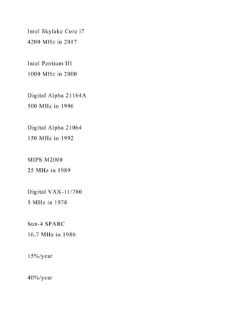 Intel Skylake Core i7
4200 MHz in 2017
Intel Pentium III
1000 MHz in 2000
Digital Alpha 21164A
500 MHz in 1996
Digital Alpha 21064
150 MHz in 1992
MIPS M2000
25 MHz in 1989
Digital VAX-11/780
5 MHz in 1978
Sun-4 SPARC
16.7 MHz in 1986
15%/year
40%/year
 