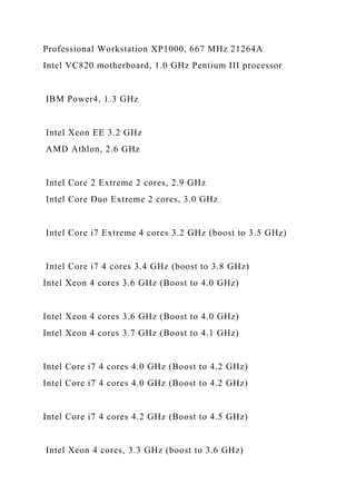 Professional Workstation XP1000, 667 MHz 21264A
Intel VC820 motherboard, 1.0 GHz Pentium III processor
IBM Power4, 1.3 GHz
Intel Xeon EE 3.2 GHz
AMD Athlon, 2.6 GHz
Intel Core 2 Extreme 2 cores, 2.9 GHz
Intel Core Duo Extreme 2 cores, 3.0 GHz
Intel Core i7 Extreme 4 cores 3.2 GHz (boost to 3.5 GHz)
Intel Core i7 4 cores 3.4 GHz (boost to 3.8 GHz)
Intel Xeon 4 cores 3.6 GHz (Boost to 4.0 GHz)
Intel Xeon 4 cores 3.6 GHz (Boost to 4.0 GHz)
Intel Xeon 4 cores 3.7 GHz (Boost to 4.1 GHz)
Intel Core i7 4 cores 4.0 GHz (Boost to 4.2 GHz)
Intel Core i7 4 cores 4.0 GHz (Boost to 4.2 GHz)
Intel Core i7 4 cores 4.2 GHz (Boost to 4.5 GHz)
Intel Xeon 4 cores, 3.3 GHz (boost to 3.6 GHz)
 