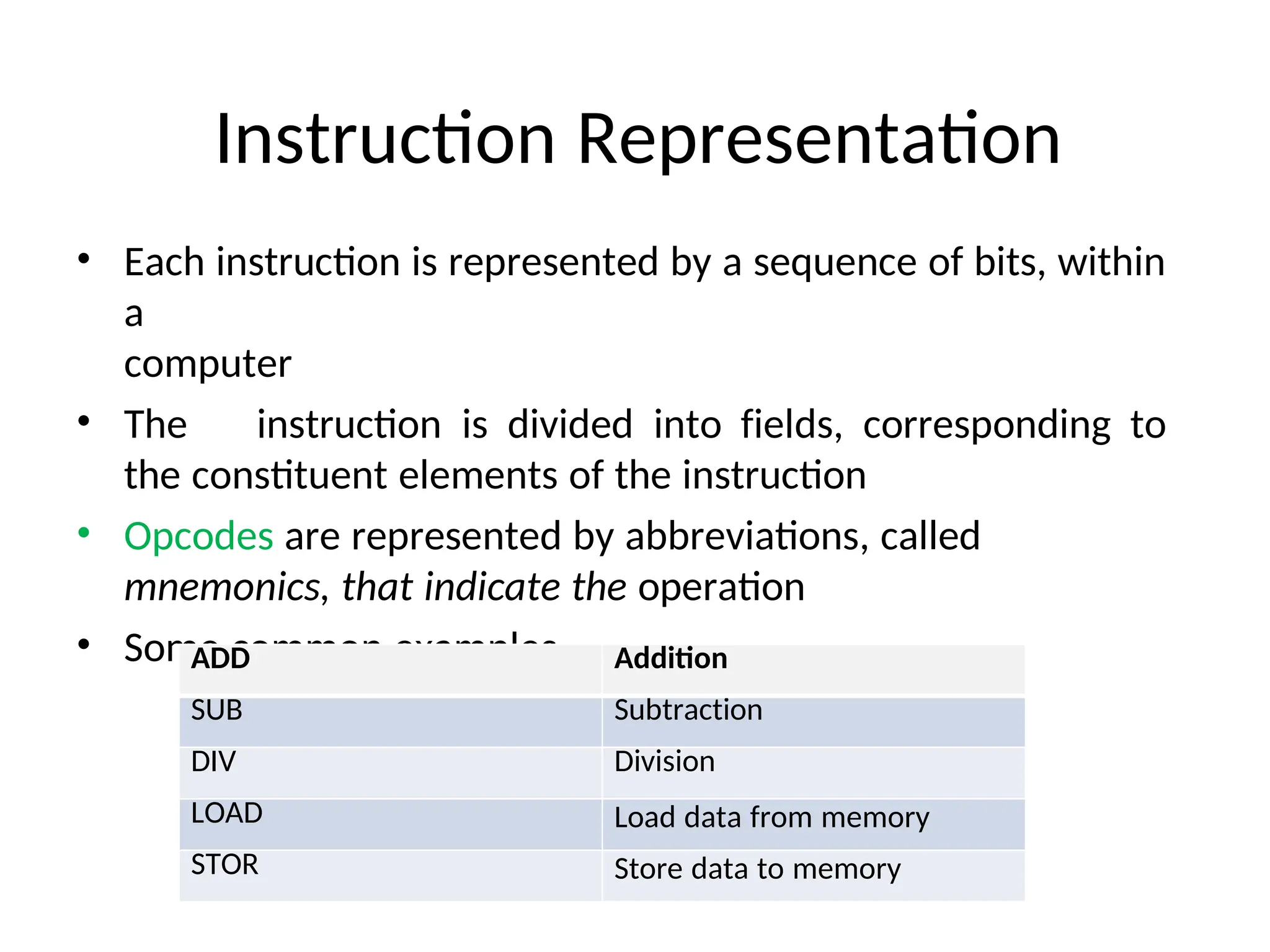 Instruction Representation
• Each instruction is represented by a sequence of bits, within
a
computer
• The instruction is divided into fields, corresponding to
the constituent elements of the instruction
• Opcodes are represented by abbreviations, called
mnemonics, that indicate the operation
• Some common examples-
ADD Addition
SUB Subtraction
DIV Division
LOAD Load data from memory
STOR Store data to memory
 