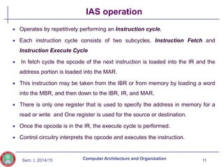Sem. I, 2014/15
IAS operation
 Operates by repetitively performing an Instruction cycle.
 Each instruction cycle consists of two subcycles. Instruction Fetch and
Instruction Execute Cycle
 In fetch cycle the opcode of the next instruction is loaded into the IR and the
address portion is loaded into the MAR.
 This instruction may be taken from the IBR or from memory by loading a word
into the MBR, and then down to the IBR, IR, and MAR.
 There is only one register that is used to specify the address in memory for a
read or write and One register is used for the source or destination.
 Once the opcode is in the IR, the execute cycle is performed.
 Control circuitry interprets the opcode and executes the instruction.
11
Computer Architecture and Organization
 