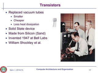 Sem. I, 2014/15
Transistors
 Replaced vacuum tubes
 Smaller
 Cheaper
 Less heat dissipation
 Solid State device
 Made from Silicon (Sand)
 Invented 1947 at Bell Labs
 William Shockley et al.
17
Computer Architecture and Organization
 