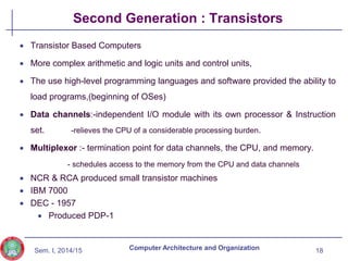 Sem. I, 2014/15
Second Generation : Transistors
 Transistor Based Computers
 More complex arithmetic and logic units and control units,
 The use high-level programming languages and software provided the ability to
load programs,(beginning of OSes)
 Data channels:-independent I/O module with its own processor & Instruction
set. -relieves the CPU of a considerable processing burden.
 Multiplexor :- termination point for data channels, the CPU, and memory.
- schedules access to the memory from the CPU and data channels
 NCR & RCA produced small transistor machines
 IBM 7000
 DEC - 1957
 Produced PDP-1
18
Computer Architecture and Organization
 