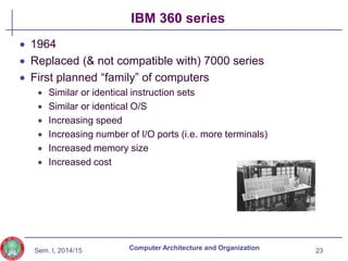 Sem. I, 2014/15
IBM 360 series
 1964
 Replaced (& not compatible with) 7000 series
 First planned “family” of computers
 Similar or identical instruction sets
 Similar or identical O/S
 Increasing speed
 Increasing number of I/O ports (i.e. more terminals)
 Increased memory size
 Increased cost
23
Computer Architecture and Organization
 