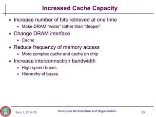 Sem. I, 2014/15
Increased Cache Capacity
 Increase number of bits retrieved at one time
 Make DRAM “wider” rather than “deeper”
 Change DRAM interface
 Cache
 Reduce frequency of memory access
 More complex cache and cache on chip
 Increase interconnection bandwidth
 High speed buses
 Hierarchy of buses
33
Computer Architecture and Organization
 