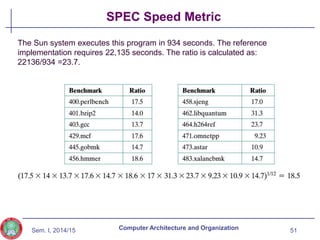 Sem. I, 2014/15
SPEC Speed Metric
51
Computer Architecture and Organization
The Sun system executes this program in 934 seconds. The reference
implementation requires 22,135 seconds. The ratio is calculated as:
22136/934 =23.7.
 