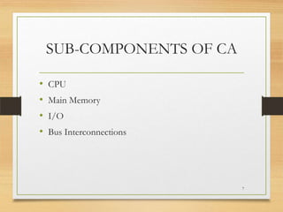 SUB-COMPONENTS OF CA
•
•
•
•

CPU
Main Memory
I/O

Bus Interconnections

7

 