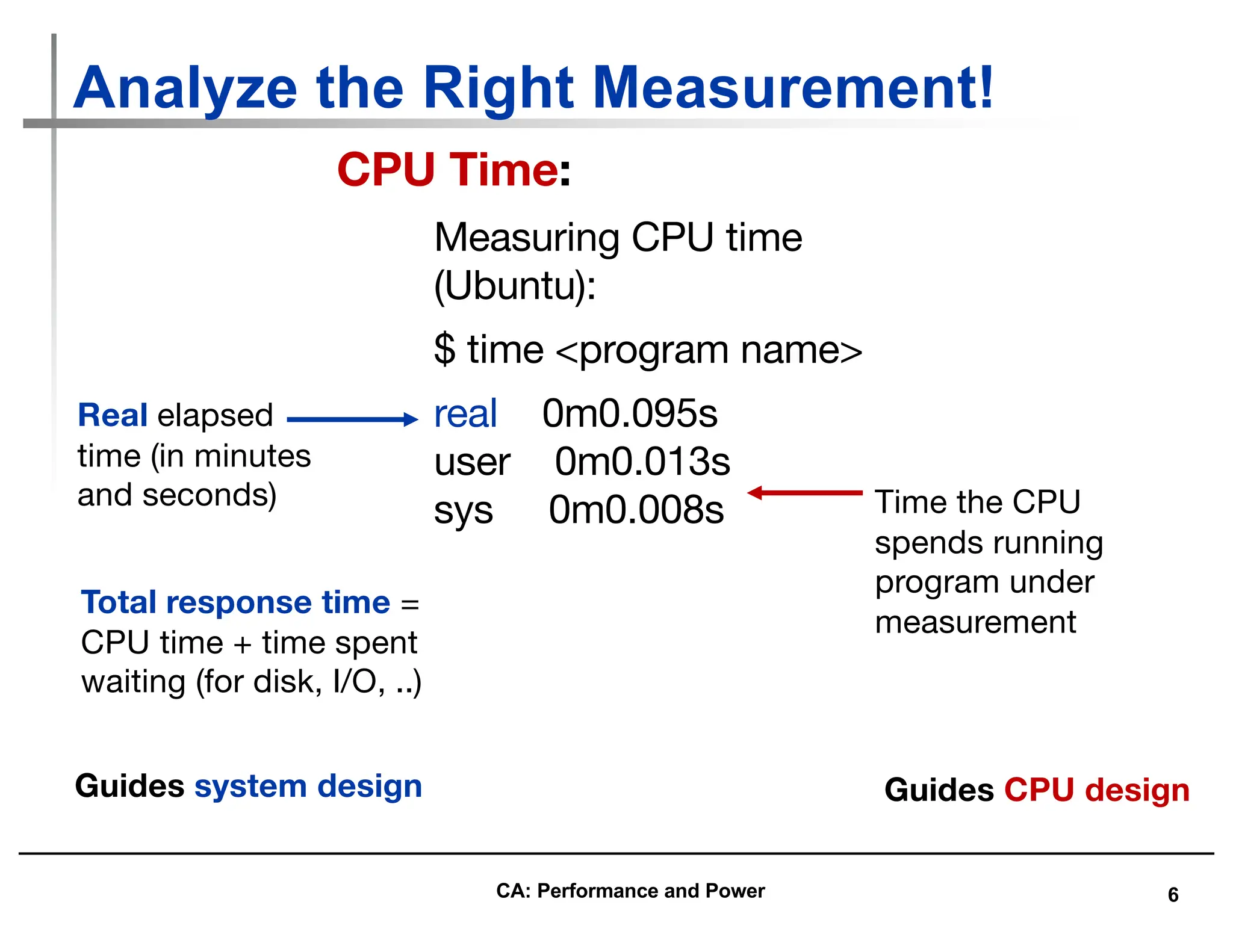 6
Analyze the Right Measurement!
CA: Performance and Power
Guides CPU design
Guides system design
CPU Time:
Measuring CPU time
(Ubuntu):
$ time <program name>
real 0m0.095s
user 0m0.013s
sys 0m0.008s
Real elapsed
time (in minutes
and seconds) Time the CPU
spends running
program under
measurement
Total response time =
CPU time + time spent
waiting (for disk, I/O, ..)
 