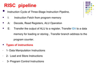 RISC pipeline
 Instruction Cycle of Three-Stage Instruction Pipeline.
 I: Instruction Fetch from program memory
 A: Decode, Read Registers, ALU Operation
 E: Transfer the output of ALU to a register, Transfer EA to a data
memory for loading or storing , Transfer branch address to the
program counter.
 Types of instructions
- 1- Data Manipulation Instructions
- 2- Load and Store Instructions
- 3- Program Control Instructions
 