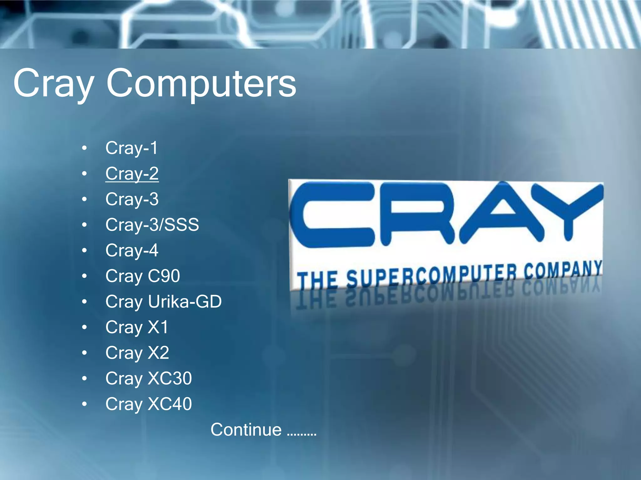 Cray Computers
• Cray-1
• Cray-2
• Cray-3
• Cray-3/SSS
• Cray-4
• Cray C90
• Cray Urika-GD
• Cray X1
• Cray X2
• Cray XC30
• Cray XC40
Continue ………
 