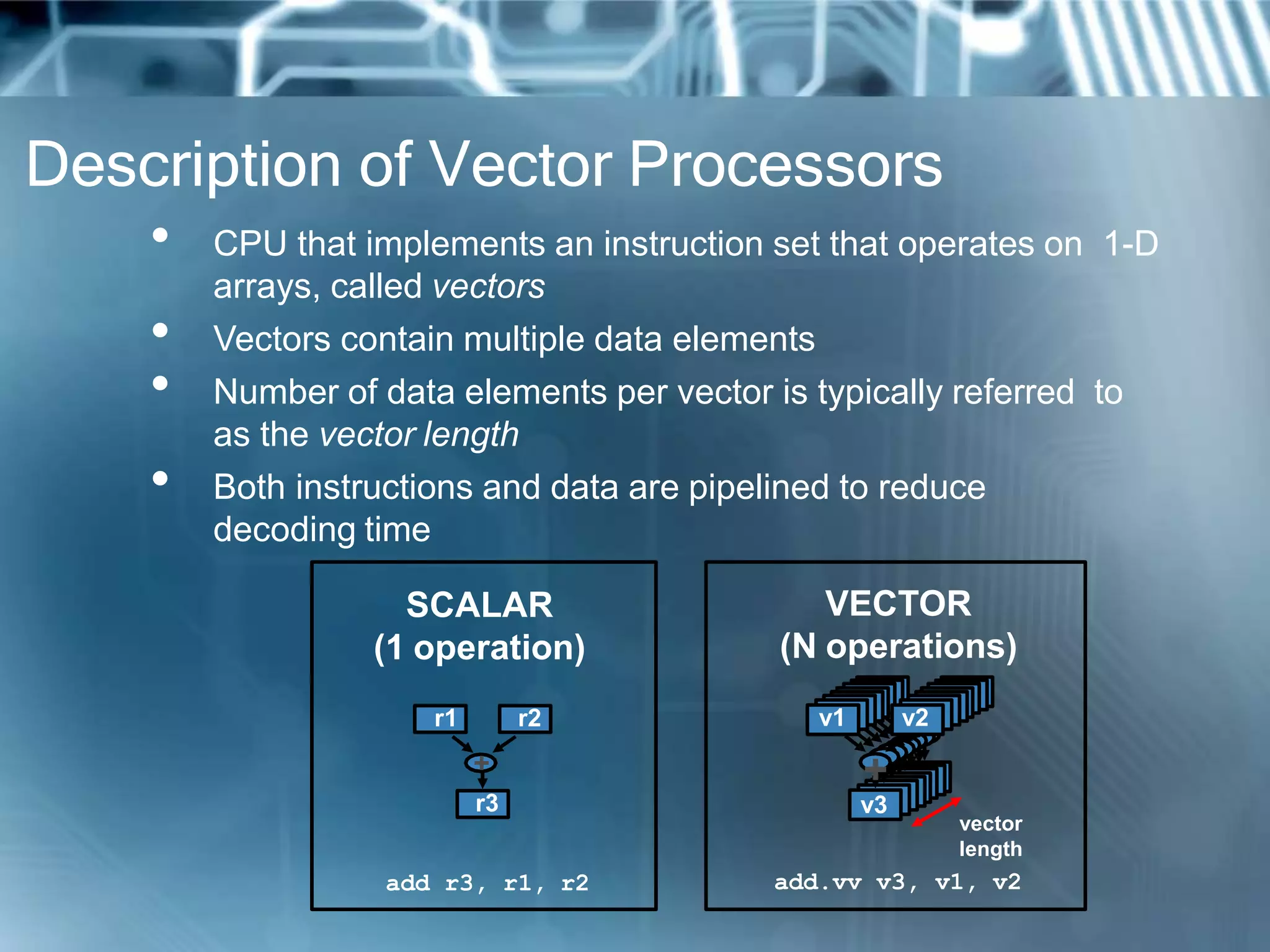 Description of Vector Processors
• CPU that implements an instruction set that operates on 1-D
arrays, called vectors
• Vectors contain multiple data elements
• Number of data elements per vector is typically referred to
as the vector length
• Both instructions and data are pipelined to reduce
decoding time
+
r1 r2
r3
add r3, r1, r2
SCALAR
(1 operation)
v1 v2
+
v3
vector
length
add.vv v3, v1, v2
VECTOR
(N operations)
 