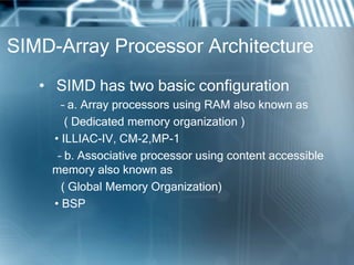 SIMD-Array Processor Architecture
• SIMD has two basic configuration
– a. Array processors using RAM also known as
( Dedicated memory organization )
• ILLIAC-IV, CM-2,MP-1
– b. Associative processor using content accessible
memory also known as
( Global Memory Organization)
• BSP
 
