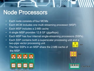 Node Processors
• Each node consists of four MCMs
• Each MCM includes one multi streaming processor (MSP)
• Each MSP includes a 2-MB cache
• A single MSP provides 12.8 GF (gigaflops)
• Each MSP has four internal single-streaming processors (SSPs)
• Each SSP contains both a superscalar processing unit and a
two-pipe vector processing unit
• The four SSPs in an MSP share the 2-MB cache of
the MSP
 