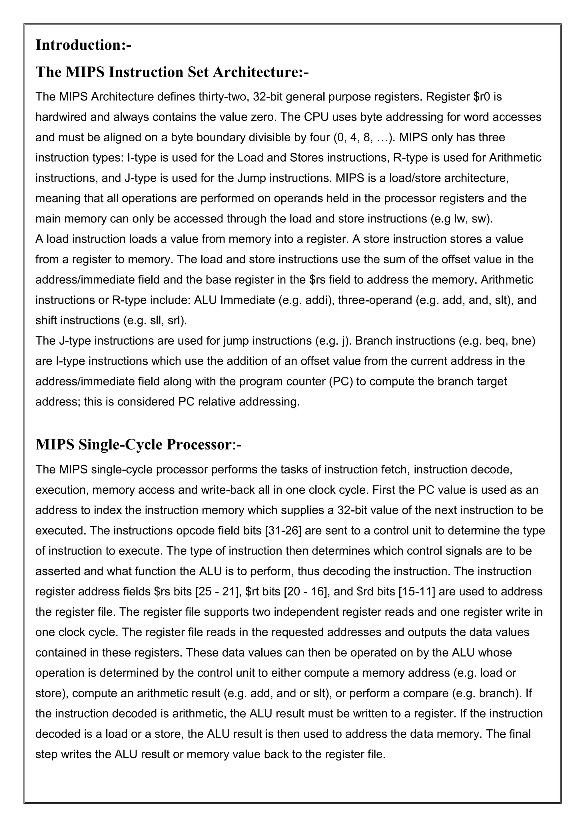 Implementation Of MIPS Single Cycle Processor | PDF