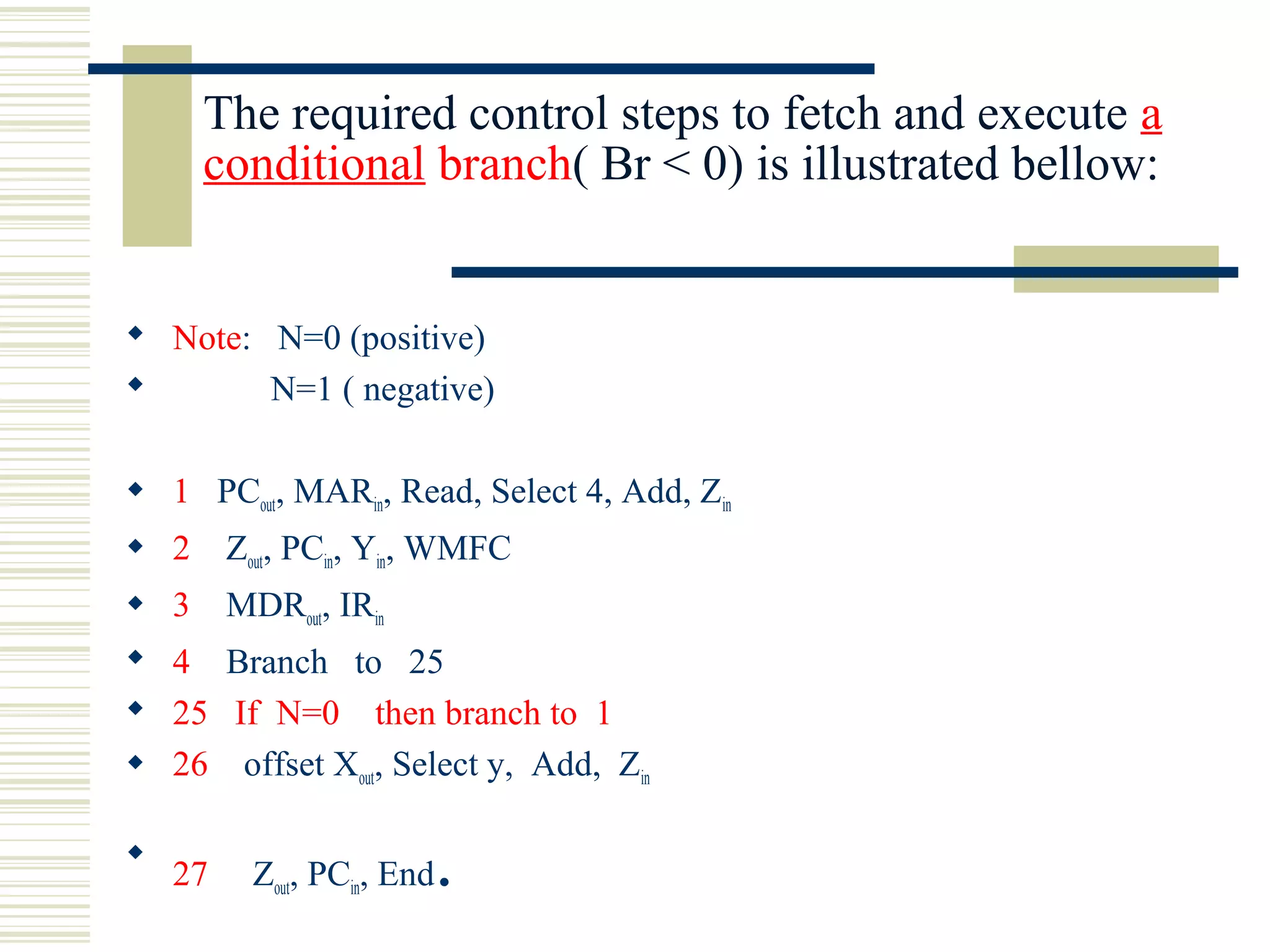 The required control steps to fetch and execute a
conditional branch( Br < 0) is illustrated bellow:
 Note: N=0 (positive)
 N=1 ( negative)
 1 PCout, MARin, Read, Select 4, Add, Zin
 2 Zout, PCin, Yin, WMFC
 3 MDRout, IRin
 4 Branch to 25
 25 If N=0 then branch to 1
 26 offset Xout, Select y, Add, Zin

27 Zout, PCin, End.
 