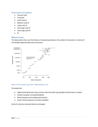 14 | P a g e
Generations of Computer
 Vacuum tube
 Transistor
 Small scale IC
 Medium scale IC
 Large scale IC
 Very large scale IC
 Ultra large scale IC
 AI
Moore’s Law
The observation that, over the history of computing hardware, the number of transistors in a dense IC
has doubled approximately every two years
Figure 2: CPU Transistor Counts 1971 - 2008 and Moore's Law
Consequences:
 Higher packing density means shorter electrical paths, giving higher performance in speed
 Smaller size gives increased flexibility
 Reduced power and cooling requirements
 Fewer interconnections increases reliability
Cost of a chip has remained almost unchanged.
 