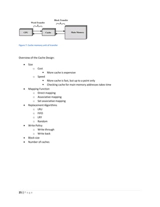 25 | P a g e
Figure 7: Cache memory unit of transfer
Overview of the Cache Design:
 Size
o Cost
 More cache is expensive
o Speed
 More cache is fast, but up to a point only
 Checking cache for main memory addresses takes time
 Mapping Function
o Direct mapping
o Associative mapping
o Set associative mapping
 Replacement Algorithms
o LRU
o FIFO
o LRY
o Random
 Write Policy
o Write through
o Write back
 Block size
 Number of caches
 
