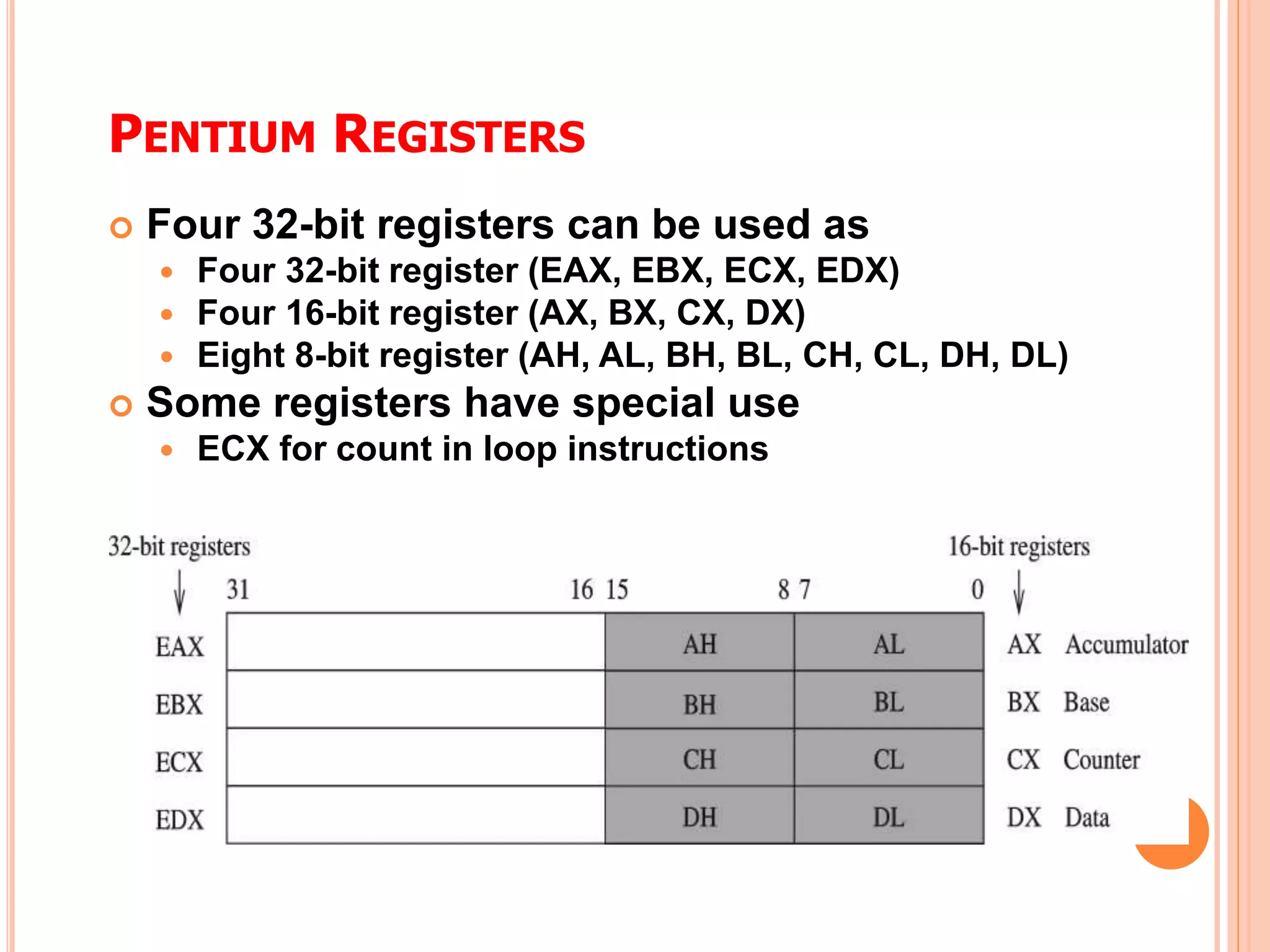 PENTIUM REGISTERS
 Four 32-bit registers can be used as
 Four 32-bit register (EAX, EBX, ECX, EDX)
 Four 16-bit register (AX, BX, CX, DX)
 Eight 8-bit register (AH, AL, BH, BL, CH, CL, DH, DL)
 Some registers have special use
 ECX for count in loop instructions
 