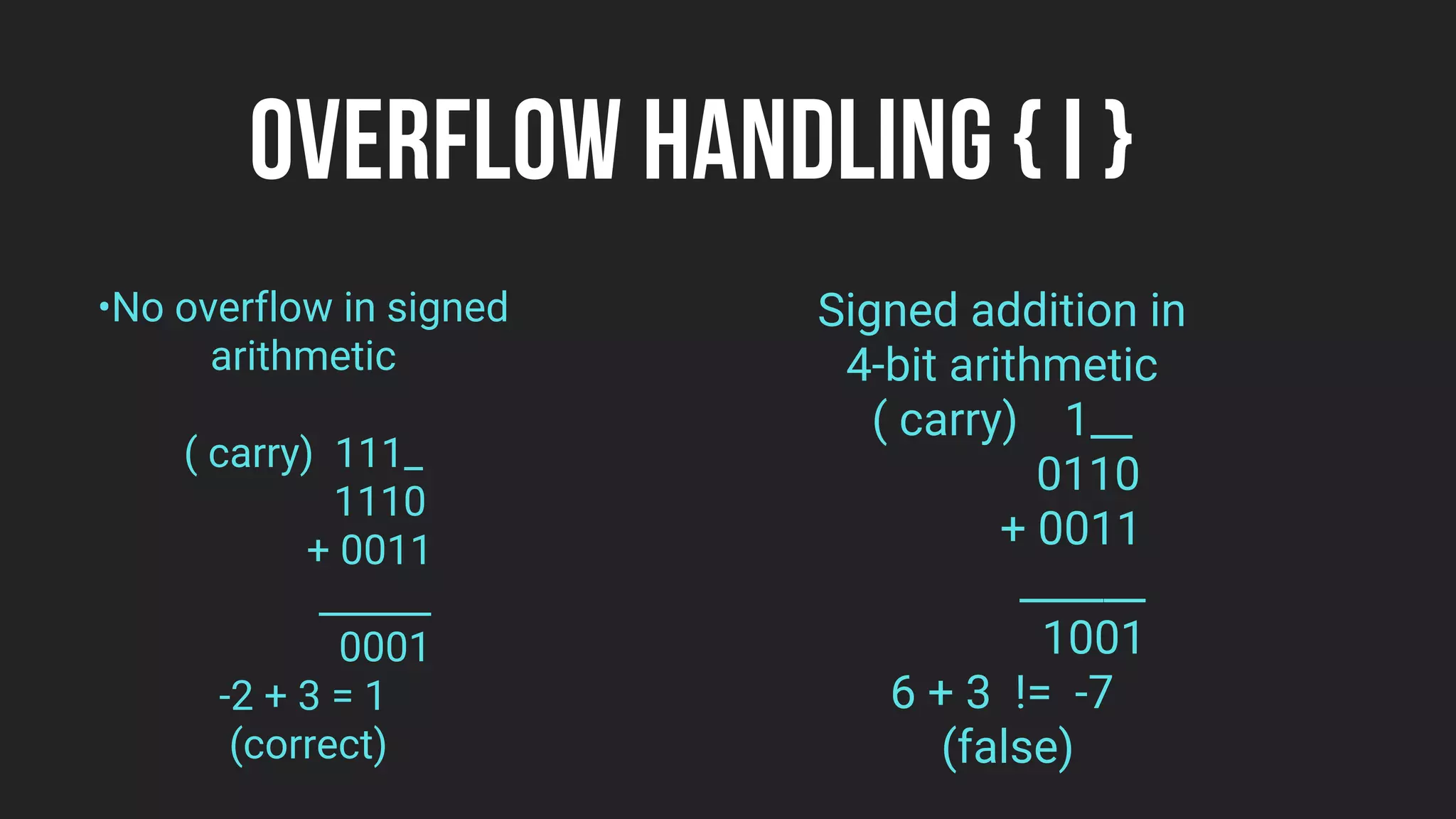OVERFLOW HANDLING { I }
•No overflow in signed
arithmetic
( carry) 111_
1110
+ 0011
______
0001
-2 + 3 = 1
(correct)
Signed addition in
4-bit arithmetic
( carry) 1__
0110
+ 0011
______
1001
6 + 3 != -7
(false)
 