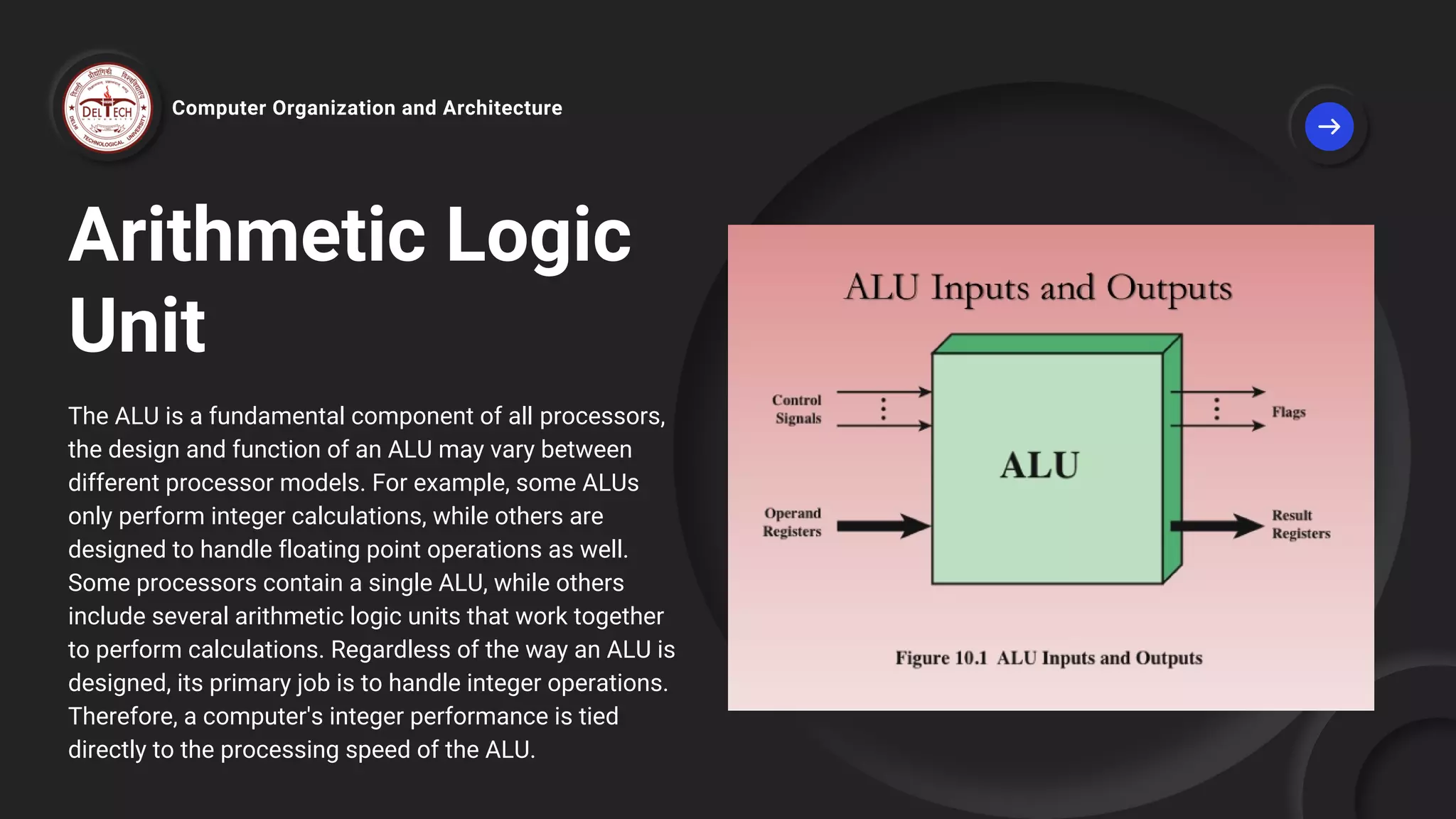 Arithmetic Logic
Unit
The ALU is a fundamental component of all processors,
the design and function of an ALU may vary between
different processor models. For example, some ALUs
only perform integer calculations, while others are
designed to handle floating point operations as well.
Some processors contain a single ALU, while others
include several arithmetic logic units that work together
to perform calculations. Regardless of the way an ALU is
designed, its primary job is to handle integer operations.
Therefore, a computer's integer performance is tied
directly to the processing speed of the ALU.
Computer Organization and Architecture
 