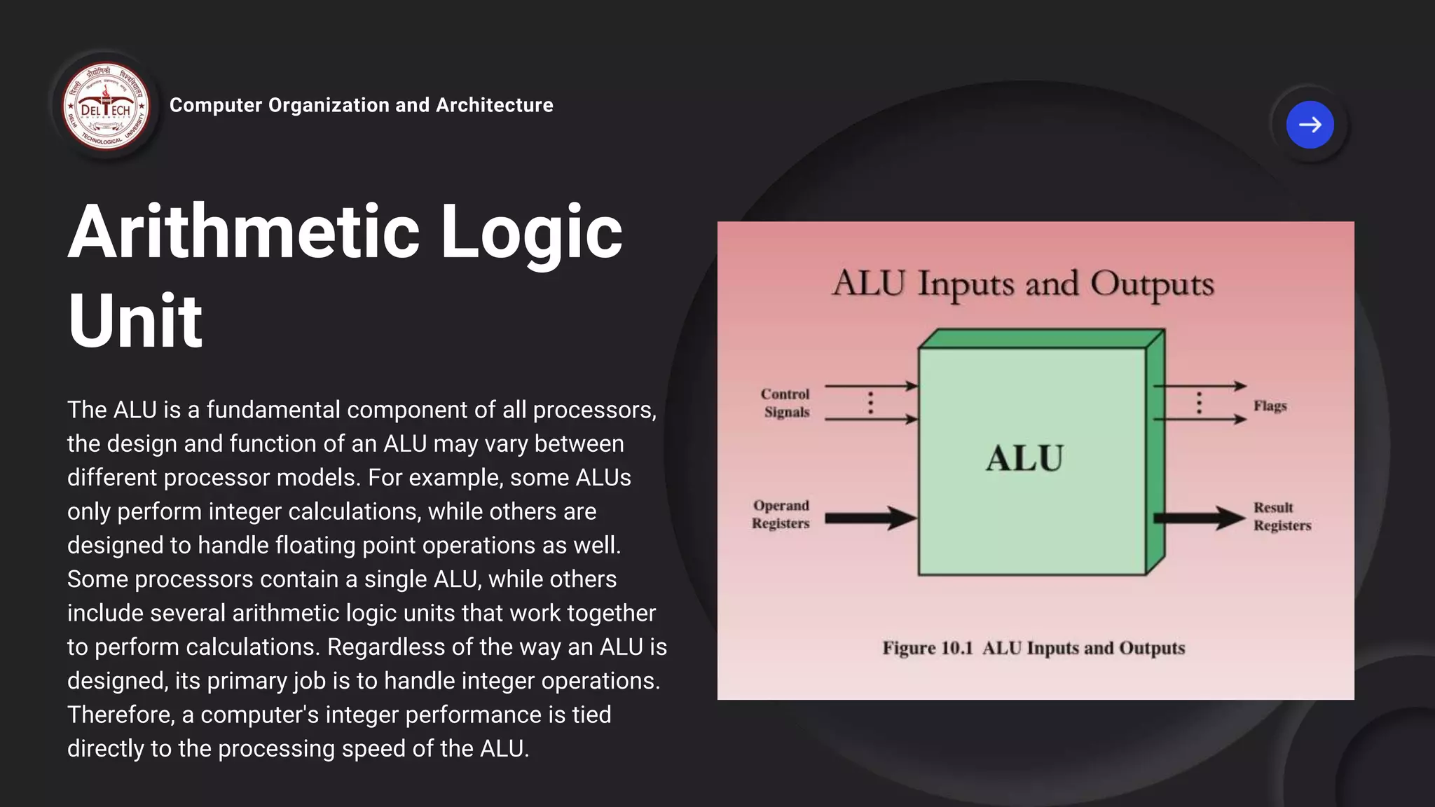 Arithmetic Logic
Unit
The ALU is a fundamental component of all processors,
the design and function of an ALU may vary between
different processor models. For example, some ALUs
only perform integer calculations, while others are
designed to handle floating point operations as well.
Some processors contain a single ALU, while others
include several arithmetic logic units that work together
to perform calculations. Regardless of the way an ALU is
designed, its primary job is to handle integer operations.
Therefore, a computer's integer performance is tied
directly to the processing speed of the ALU.
Computer Organization and Architecture
 