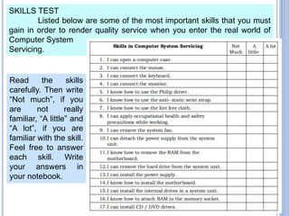 SKILLS TEST
Listed below are some of the most important skills that you must
gain in order to render quality service when you enter the real world of
Computer System
Servicing.
Read the skills
carefully. Then write
“Not much”, if you
are not really
familiar, “A little” and
“A lot”, if you are
familiar with the skill.
Feel free to answer
each skill. Write
your answers in
your notebook.
 