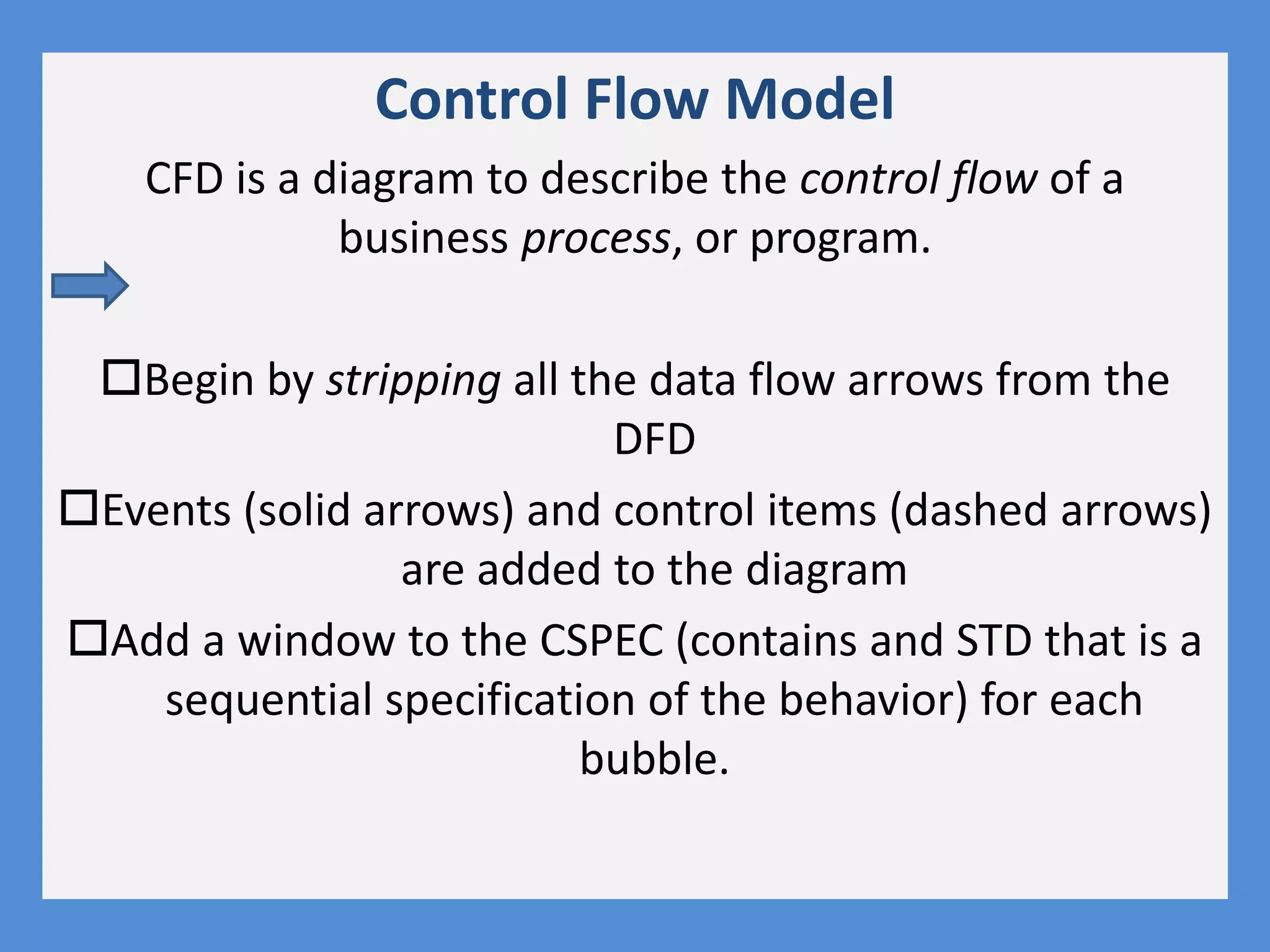 Control Flow Model
CFD is a diagram to describe the control flow of a
business process, or program.
Begin by stripping all the data flow arrows from the
DFD
Events (solid arrows) and control items (dashed arrows)
are added to the diagram
Add a window to the CSPEC (contains and STD that is a
sequential specification of the behavior) for each
bubble.
 