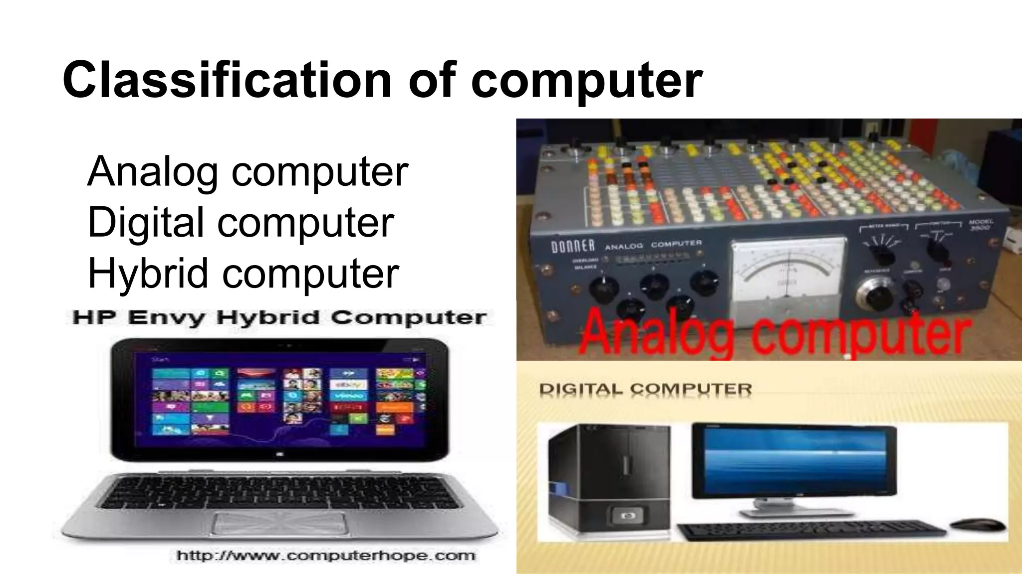 Classification of computer
Analog computer
Digital computer
Hybrid computer