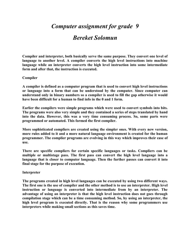 Computer assignment for grade 9 | PDF