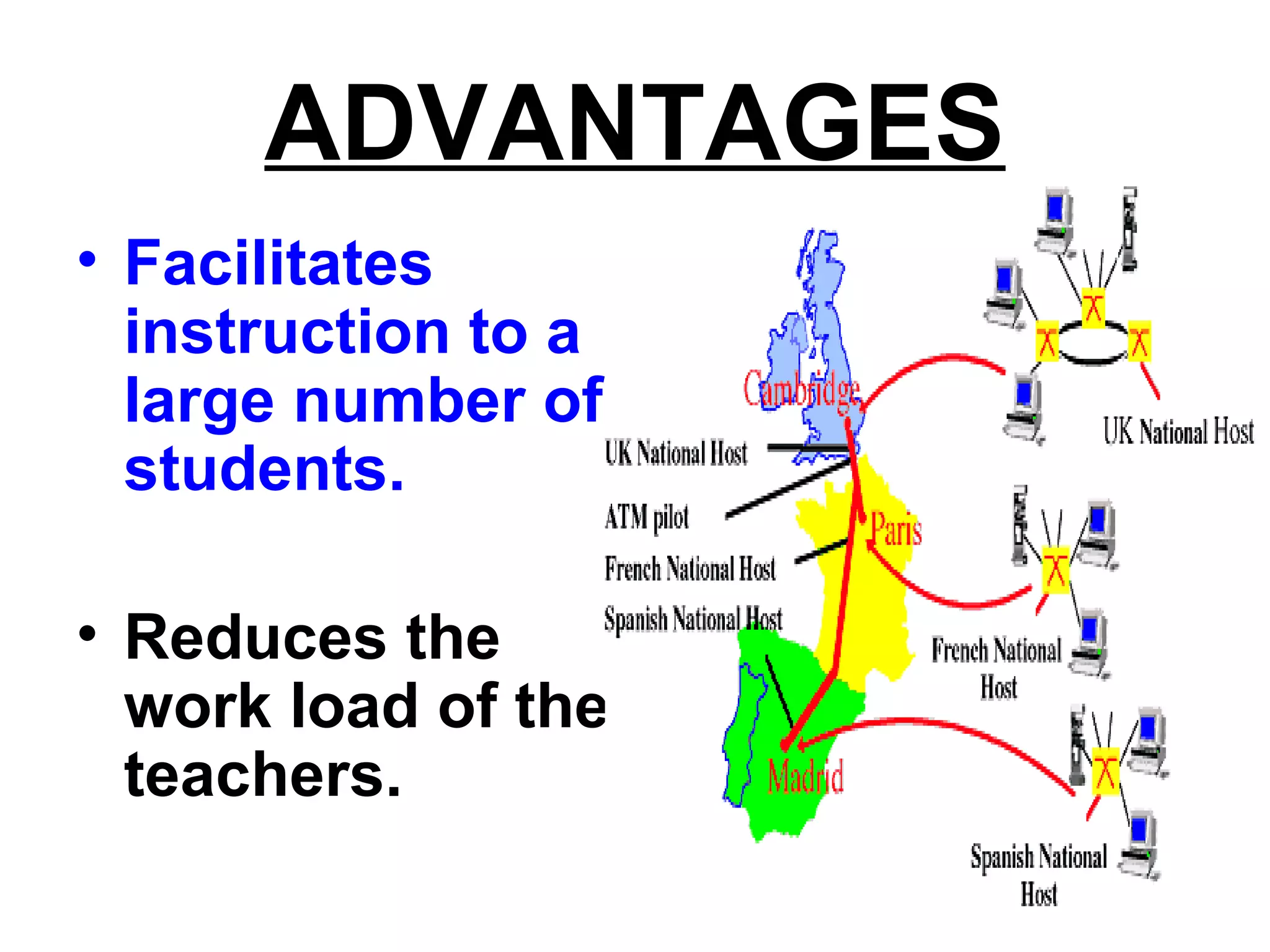 ADVANTAGES
• Facilitates
instruction to a
large number of
students.
• Reduces the
work load of the
teachers.
 