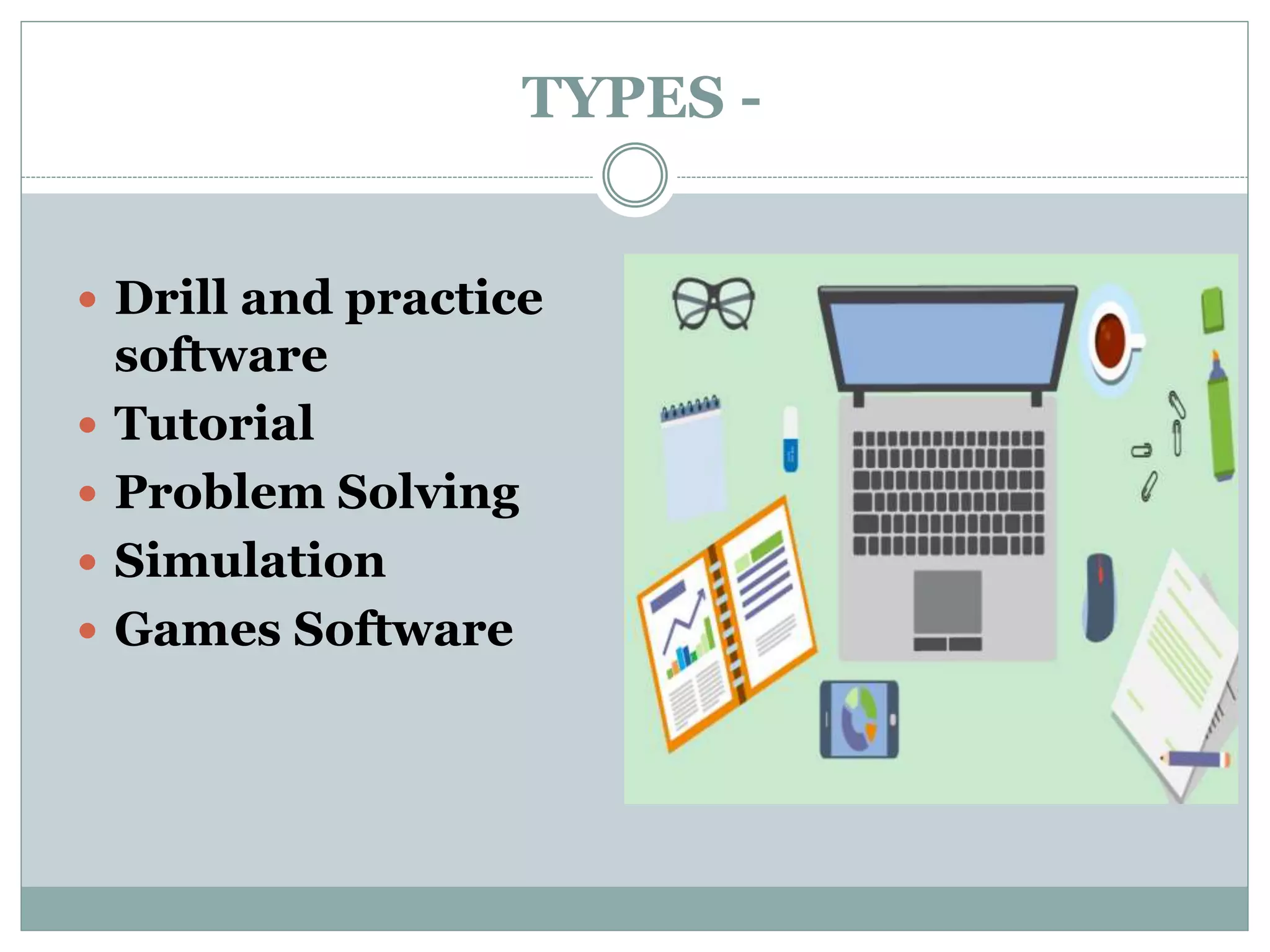 TYPES -
Drill and practice
software
Tutorial
Problem Solving
Simulation
Games Software