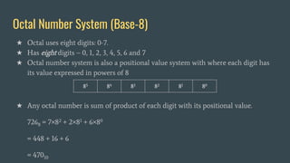 Octal Number System (Base-8)
★ Octal uses eight digits: 0-7.
★ Has eight digits – 0, 1, 2, 3, 4, 5, 6 and 7
★ Octal number system is also a positional value system with where each digit has
its value expressed in powers of 8
★ Any octal number is sum of product of each digit with its positional value.
7268 = 7×82 + 2×81 + 6×80
= 448 + 16 + 6
= 47010
85 84 83 82 81 80
 