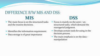 DIFFERENCE B/W MIS AND DSS:
MIS DSS
 The main focus is on the structured tasks
and the routine decisions.
 Identifies the information requirement.
 Data storage is of great importance
 Focus is mainly on the semi / un-
structured tasks, which demand the
managerial judgment.
 Develops certain tools for using in the
decision process.
 The main emphasis is on the data –
manipulation
 