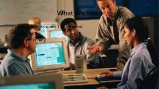 What We Need
• Laptops in classrooms 1 per student
• Smartboard
• Teacher Training
 