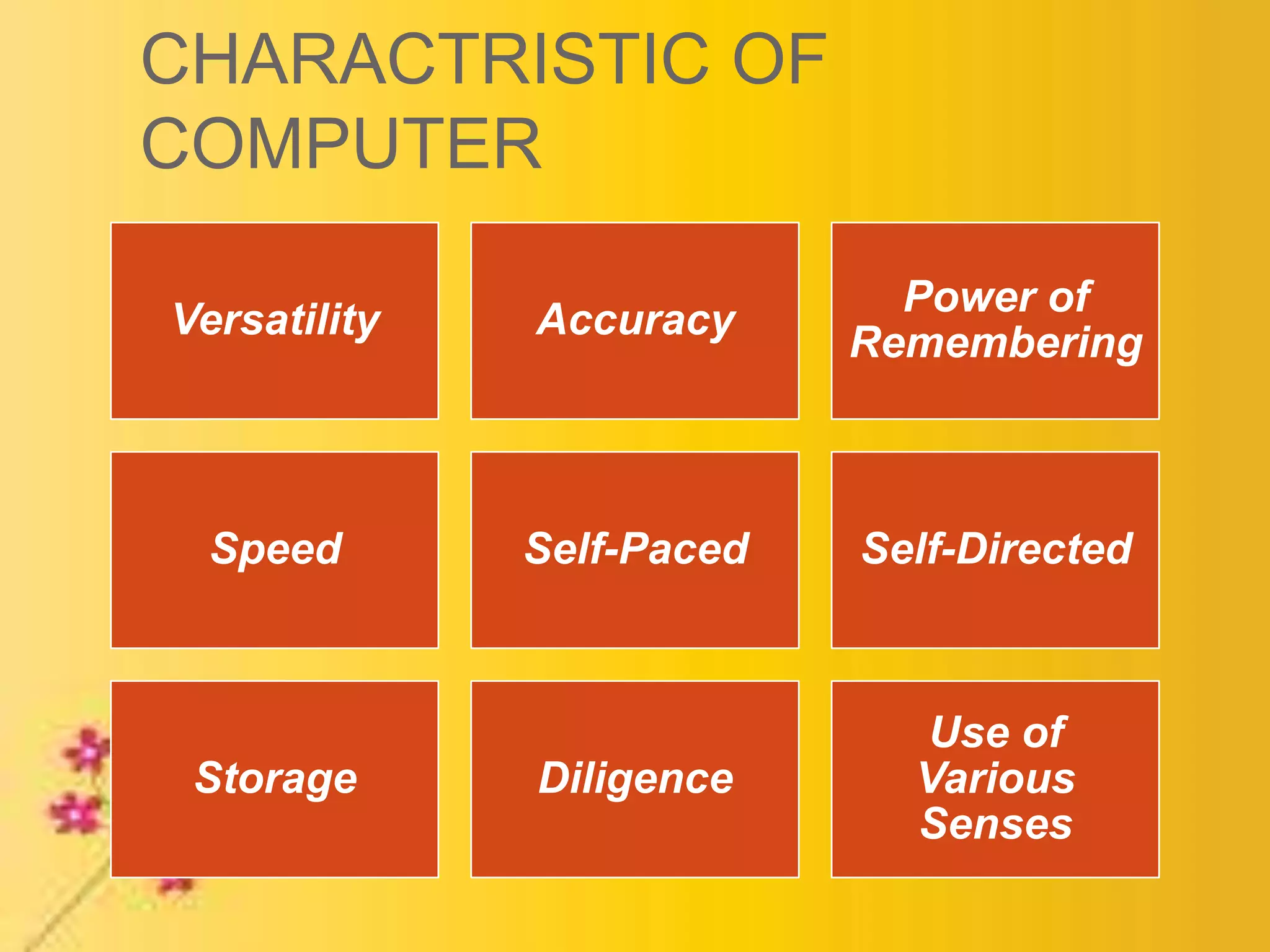 CHARACTRISTIC OF
COMPUTER
Versatility Accuracy
Power of
Remembering
Speed Self-Paced Self-Directed
Storage Diligence
Use of
Various
Senses
 