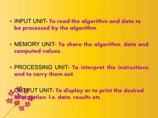  INPUT UNIT- To read the algorithm and data to
be processed by the algorithm.
 MEMORY UNIT- To share the algorithm, data and
computed values.
 PROCESSING UNIT- To interpret the instructions
and to carry them out.
 OUTPUT UNIT- To display or to print the desired
information. I.e. data, results etc.
 