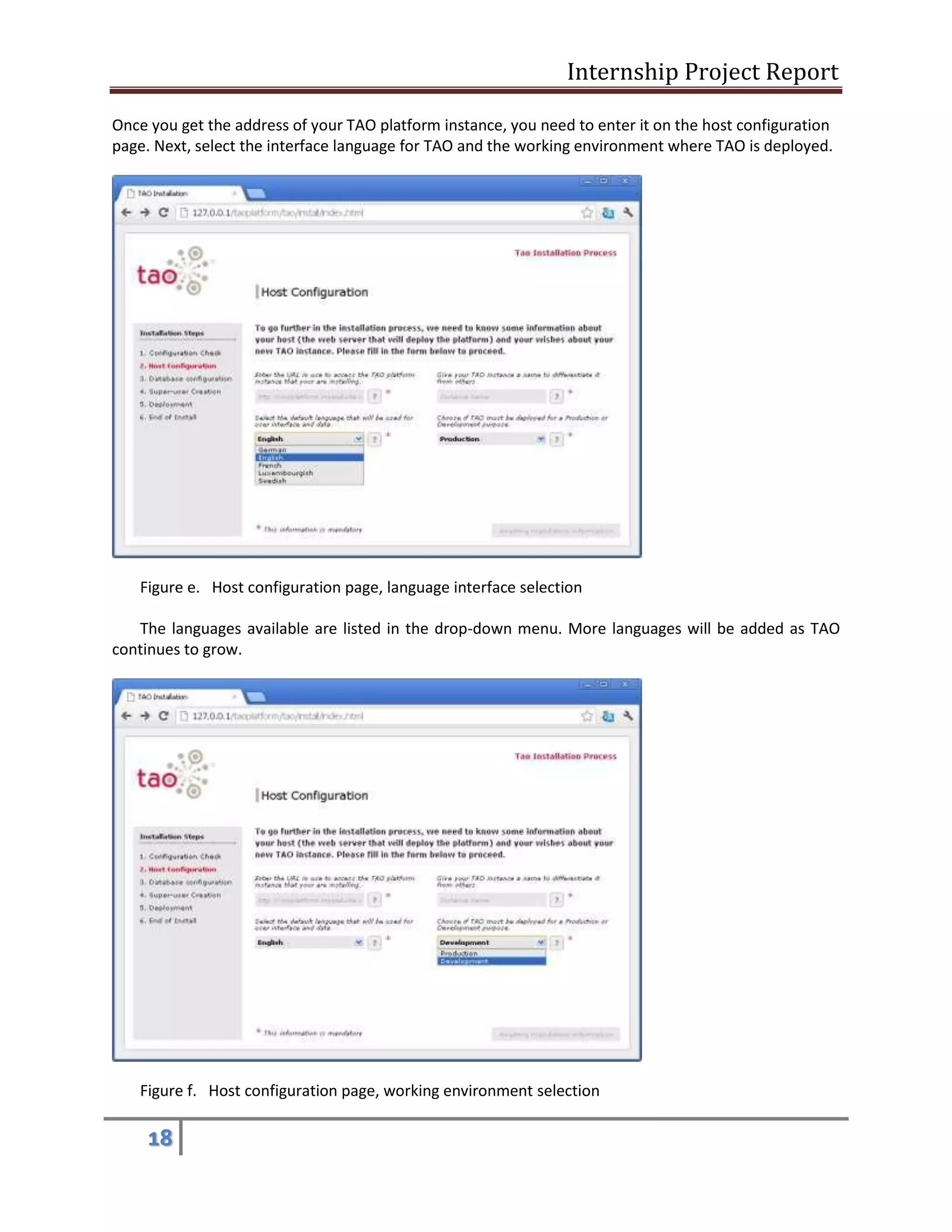 Internship Project Report 
18 
Once you get the address of your TAO platform instance, you need to enter it on the host configuration page. Next, select the interface language for TAO and the working environment where TAO is deployed. 
Figure e. Host configuration page, language interface selection 
The languages available are listed in the drop-down menu. More languages will be added as TAO continues to grow. 
Figure f. Host configuration page, working environment selection  