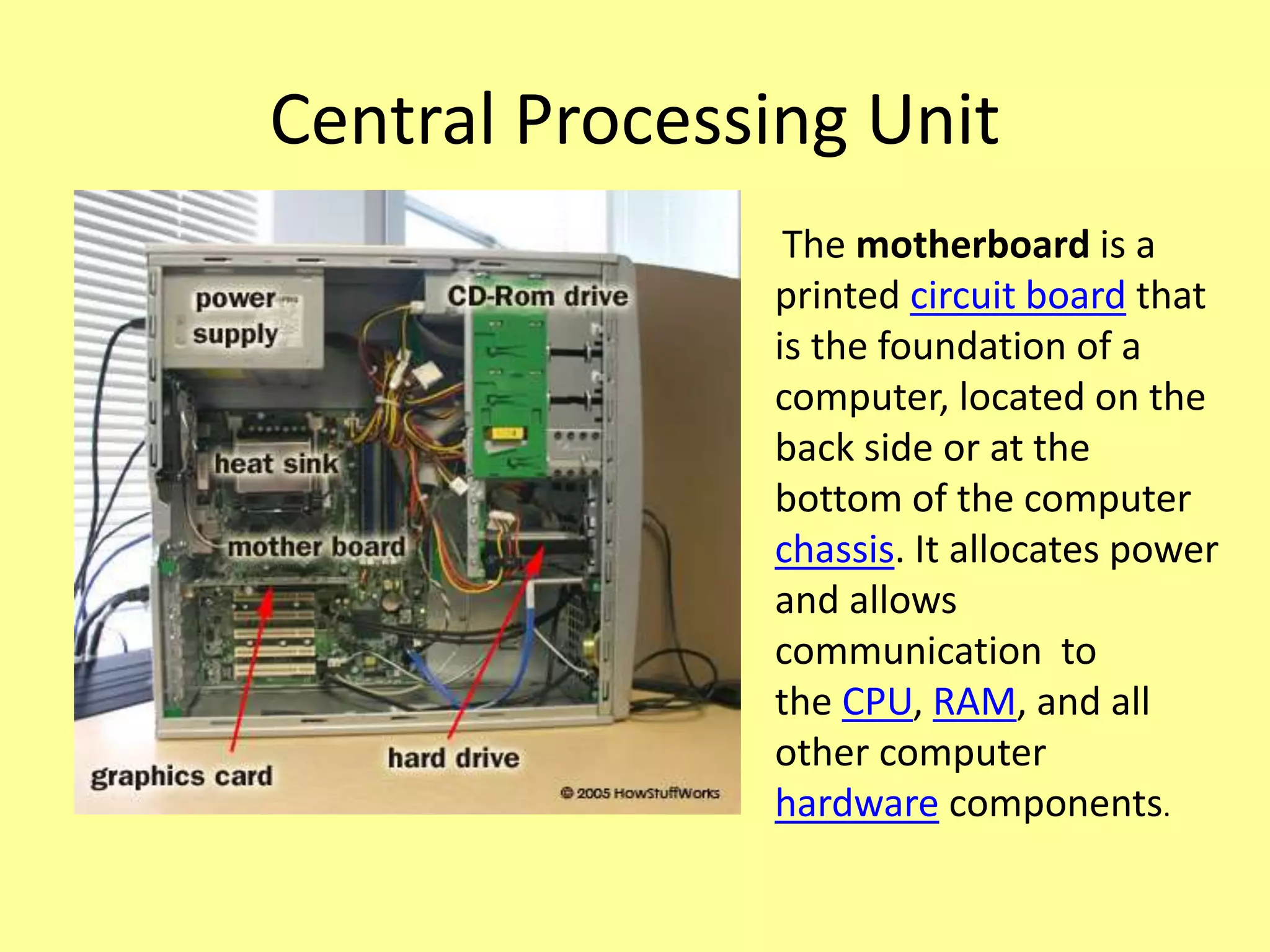 Central Processing Unit
The motherboard is a
printed circuit board that
is the foundation of a
computer, located on the
back side or at the
bottom of the computer
chassis. It allocates power
and allows
communication to
the CPU, RAM, and all
other computer
hardware components.
 
