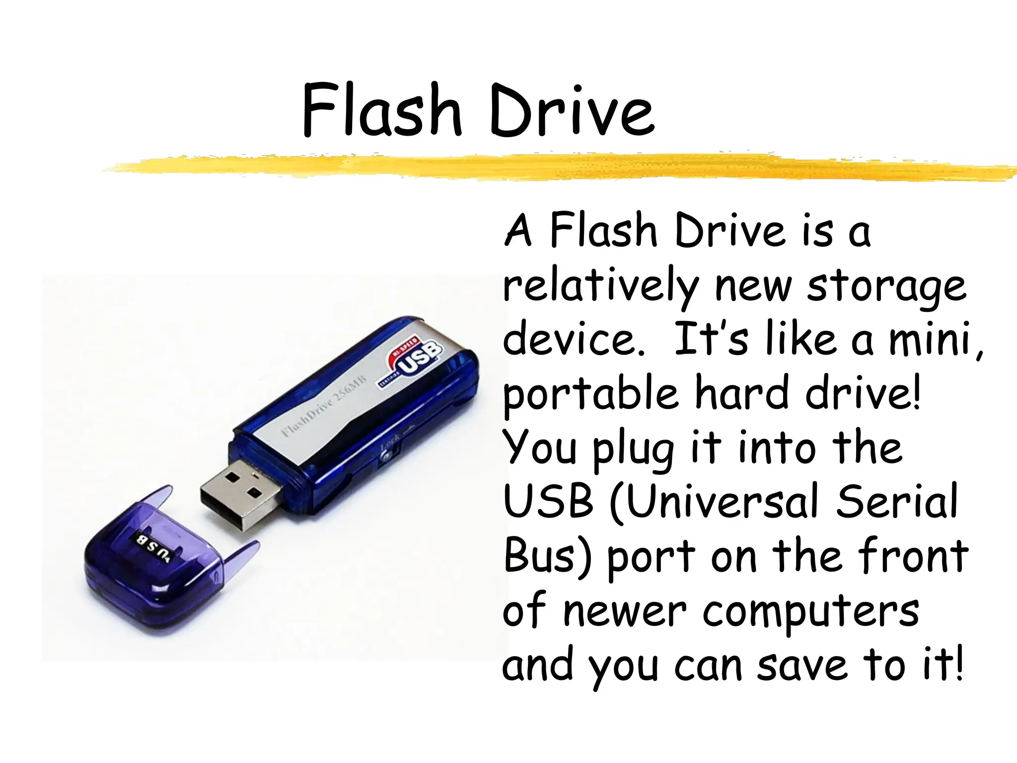 Flash Drive
A Flash Drive is a
relatively new storage
device. It’s like a mini,
portable hard drive!
You plug it into the
USB (Universal Serial
Bus) port on the front
of newer computers
and you can save to it!
 