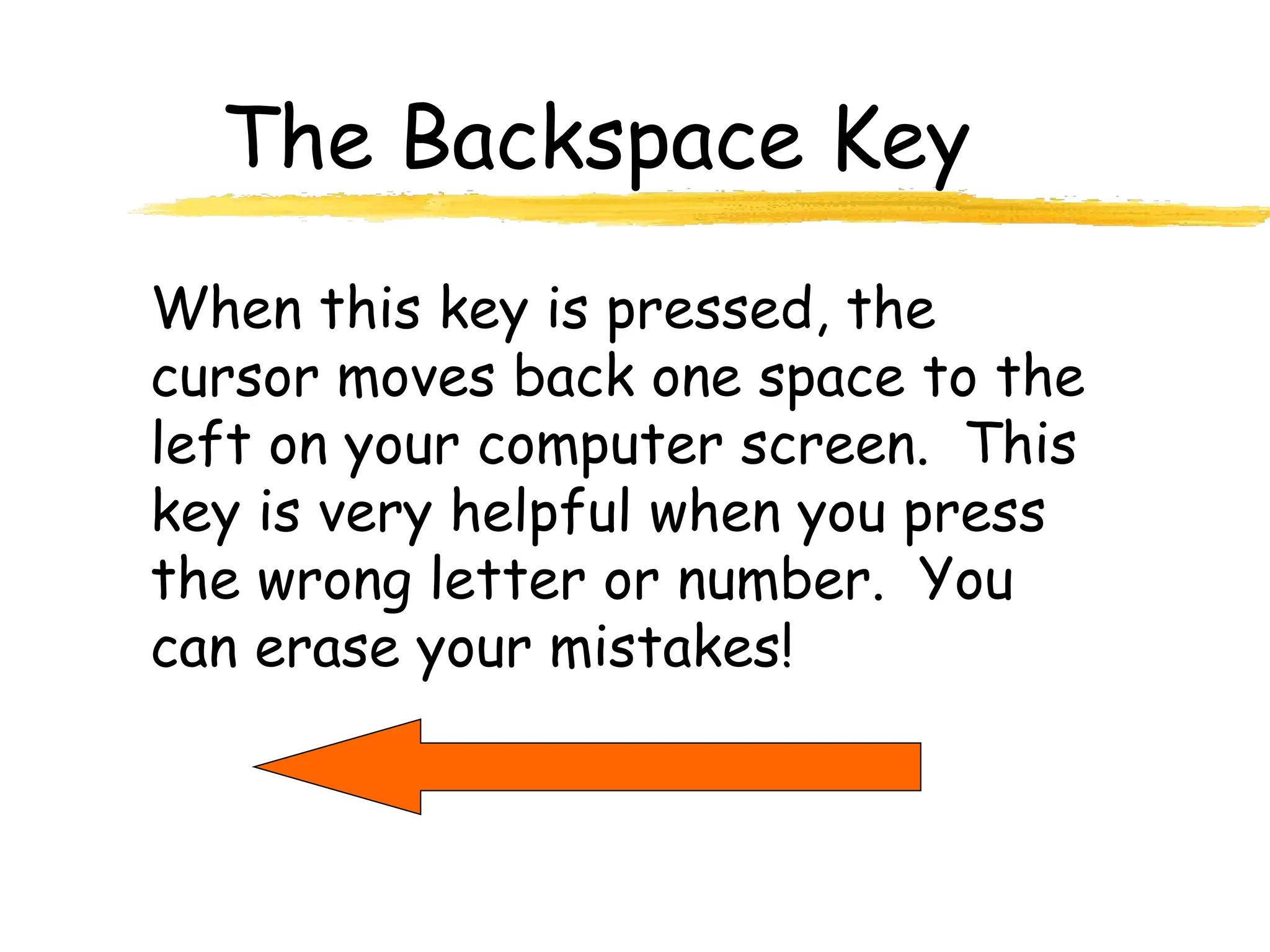 The Backspace Key
When this key is pressed, the
cursor moves back one space to the
left on your computer screen. This
key is very helpful when you press
the wrong letter or number. You
can erase your mistakes!
 