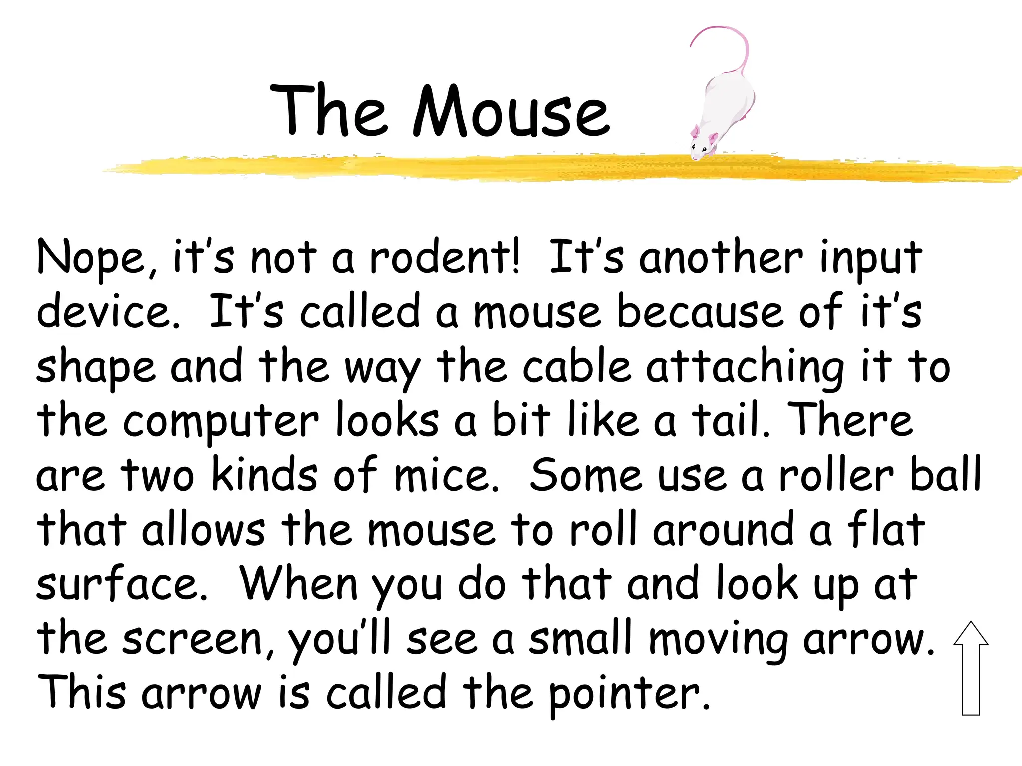 The Mouse
Nope, it’s not a rodent! It’s another input
device. It’s called a mouse because of it’s
shape and the way the cable attaching it to
the computer looks a bit like a tail. There
are two kinds of mice. Some use a roller ball
that allows the mouse to roll around a flat
surface. When you do that and look up at
the screen, you’ll see a small moving arrow.
This arrow is called the pointer.
 